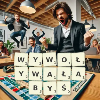 Kreatywna ilustracja do gry w Scrabble ze słowem WYWOŁYWAŁABYŚ ułożonym z płytek na planszy.