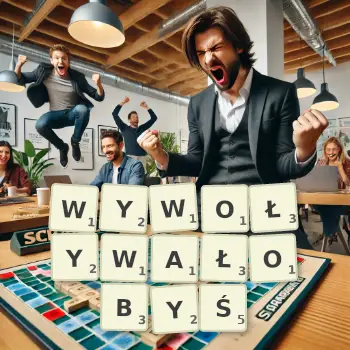 Kreatywna ilustracja do gry w Scrabble ze słowem WYWOŁYWAŁOBYŚ ułożonym z płytek na planszy.
