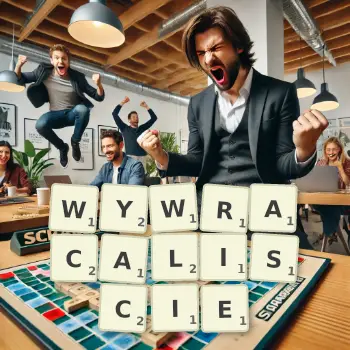 Kreatywna ilustracja do gry w Scrabble ze słowem WYWRACALISCIE ułożonym z płytek na planszy.