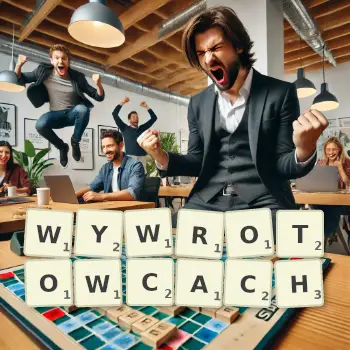 Kreatywna ilustracja do gry w Scrabble ze słowem WYWROTOWCACH ułożonym z płytek na planszy.