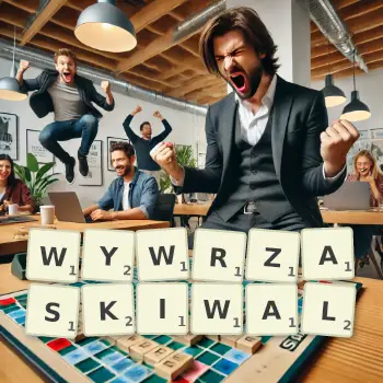 Kreatywna ilustracja do gry w Scrabble ze słowem WYWRZASKIWAL ułożonym z płytek na planszy.