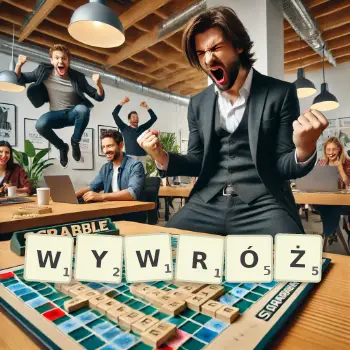 Kreatywna ilustracja do gry w Scrabble ze słowem WYWRÓŻ ułożonym z płytek na planszy.