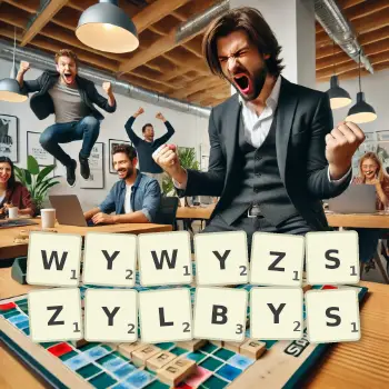 Kreatywna ilustracja do gry w Scrabble ze słowem WYWYZSZYLBYS ułożonym z płytek na planszy.