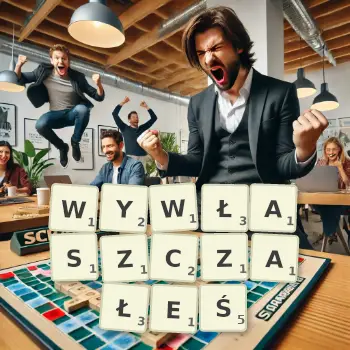 Kreatywna ilustracja do gry w Scrabble ze słowem WYWŁASZCZAŁEŚ ułożonym z płytek na planszy.