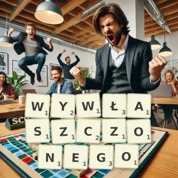 Kreatywna ilustracja do gry w Scrabble ze słowem WYWŁASZCZONEGO ułożonym z płytek na planszy.