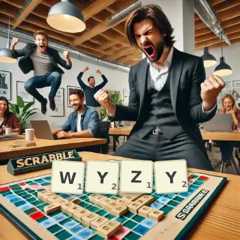 Kreatywna ilustracja do gry w Scrabble ze słowem WYZY ułożonym z płytek na planszy.
