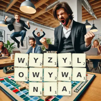 Kreatywna ilustracja do gry w Scrabble ze słowem WYZYLOWYWANIA ułożonym z płytek na planszy.