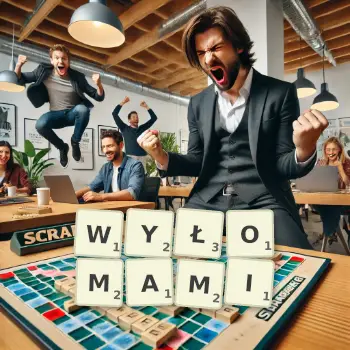 Kreatywna ilustracja do gry w Scrabble ze słowem WYŁOMAMI ułożonym z płytek na planszy.