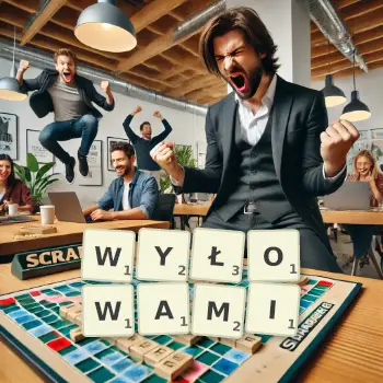 Kreatywna ilustracja do gry w Scrabble ze słowem WYŁOWAMI ułożonym z płytek na planszy.