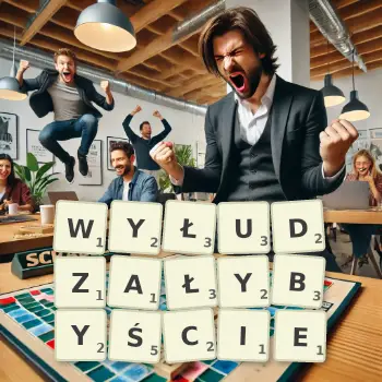 Kreatywna ilustracja do gry w Scrabble ze słowem WYŁUDZAŁYBYŚCIE ułożonym z płytek na planszy.