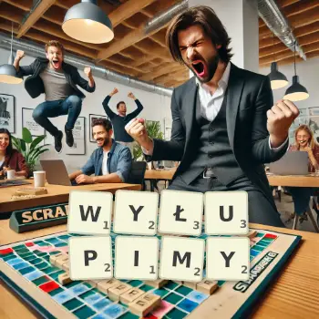 Kreatywna ilustracja do gry w Scrabble ze słowem WYŁUPIMY ułożonym z płytek na planszy.