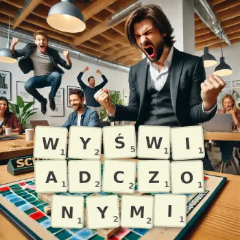 Kreatywna ilustracja do gry w Scrabble ze słowem WYŚWIADCZONYMI ułożonym z płytek na planszy.