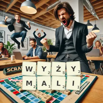 Kreatywna ilustracja do gry w Scrabble ze słowem WYŻYMALI ułożonym z płytek na planszy.