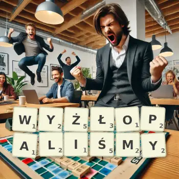 Kreatywna ilustracja do gry w Scrabble ze słowem WYŻŁOPALIŚMY ułożonym z płytek na planszy.
