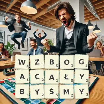 Kreatywna ilustracja do gry w Scrabble ze słowem WZBOGACAŁYBYŚMY ułożonym z płytek na planszy.