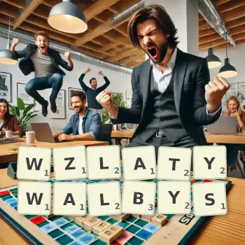 Kreatywna ilustracja do gry w Scrabble ze słowem WZLATYWALBYS ułożonym z płytek na planszy.