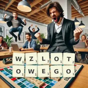 Kreatywna ilustracja do gry w Scrabble ze słowem WZLOTOWEGO ułożonym z płytek na planszy.