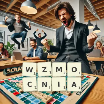 Kreatywna ilustracja do gry w Scrabble ze słowem WZMOCNIA ułożonym z płytek na planszy.