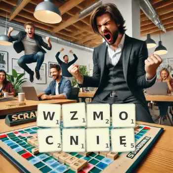 Kreatywna ilustracja do gry w Scrabble ze słowem WZMOCNIĘ ułożonym z płytek na planszy.