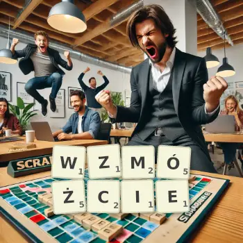 Kreatywna ilustracja do gry w Scrabble ze słowem WZMÓŻCIE ułożonym z płytek na planszy.