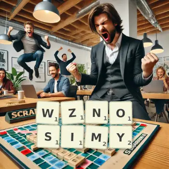 Kreatywna ilustracja do gry w Scrabble ze słowem WZNOSIMY ułożonym z płytek na planszy.