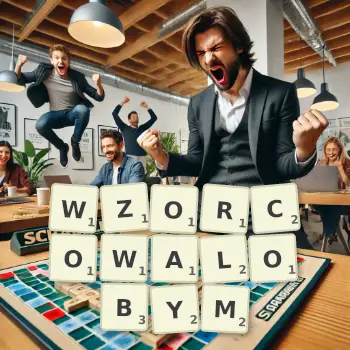 Kreatywna ilustracja do gry w Scrabble ze słowem WZORCOWALOBYM ułożonym z płytek na planszy.