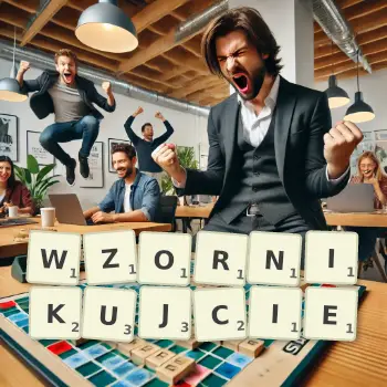 Kreatywna ilustracja do gry w Scrabble ze słowem WZORNIKUJCIE ułożonym z płytek na planszy.