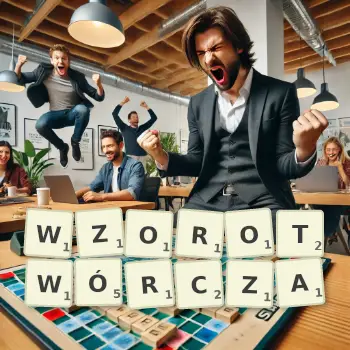 Kreatywna ilustracja do gry w Scrabble ze słowem WZOROTWÓRCZA ułożonym z płytek na planszy.