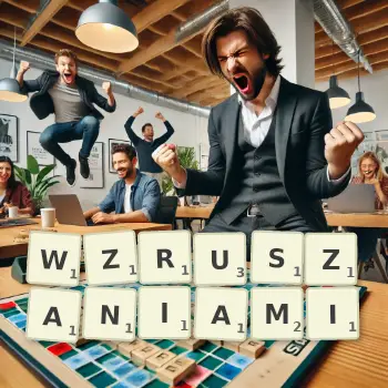 Kreatywna ilustracja do gry w Scrabble ze słowem WZRUSZANIAMI ułożonym z płytek na planszy.