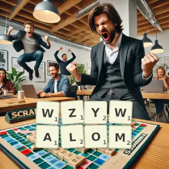 Kreatywna ilustracja do gry w Scrabble ze słowem WZYWALOM ułożonym z płytek na planszy.