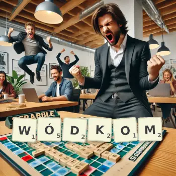 Kreatywna ilustracja do gry w Scrabble ze słowem WÓDKOM ułożonym z płytek na planszy.