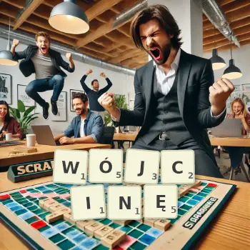 Kreatywna ilustracja do gry w Scrabble ze słowem WÓJCINĘ ułożonym z płytek na planszy.