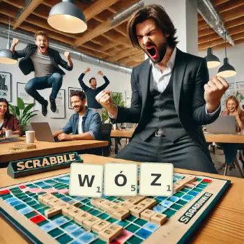 Kreatywna ilustracja do gry w Scrabble ze słowem WÓZ ułożonym z płytek na planszy.