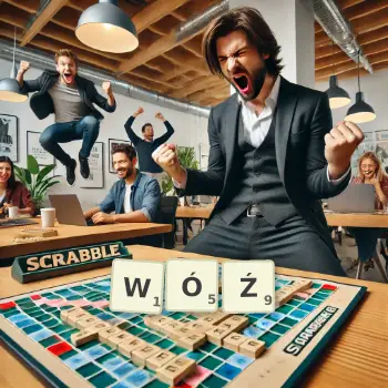 Kreatywna ilustracja do gry w Scrabble ze słowem WÓŹ ułożonym z płytek na planszy.