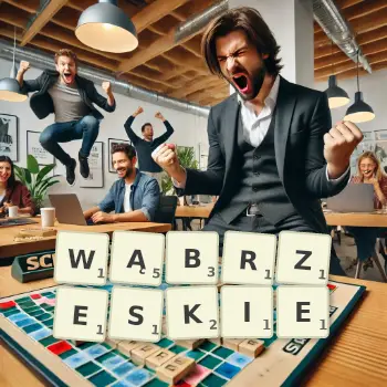 Kreatywna ilustracja do gry w Scrabble ze słowem WĄBRZESKIE ułożonym z płytek na planszy.