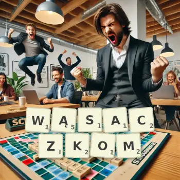 Kreatywna ilustracja do gry w Scrabble ze słowem WĄSACZKOM ułożonym z płytek na planszy.