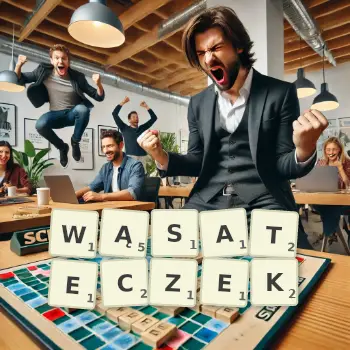 Kreatywna ilustracja do gry w Scrabble ze słowem WĄSATECZEK ułożonym z płytek na planszy.