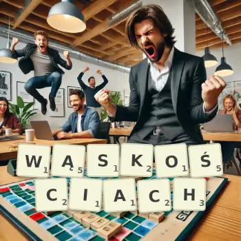 Kreatywna ilustracja do gry w Scrabble ze słowem WĄSKOŚCIACH ułożonym z płytek na planszy.