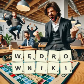 Kreatywna ilustracja do gry w Scrabble ze słowem WĘDROWNIKI ułożonym z płytek na planszy.