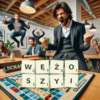 Kreatywna ilustracja do gry w Scrabble ze słowem WĘŻOSZYI ułożonym z płytek na planszy.