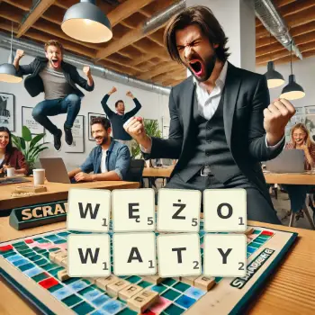 Kreatywna ilustracja do gry w Scrabble ze słowem WĘŻOWATY ułożonym z płytek na planszy.