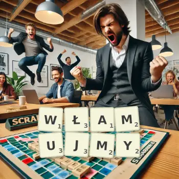 Kreatywna ilustracja do gry w Scrabble ze słowem WŁAMUJMY ułożonym z płytek na planszy.