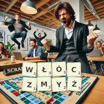 Kreatywna ilustracja do gry w Scrabble ze słowem WŁÓCZMYŻ ułożonym z płytek na planszy.