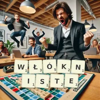 Kreatywna ilustracja do gry w Scrabble ze słowem WŁÓKNISTE ułożonym z płytek na planszy.