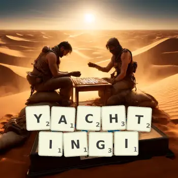 Kreatywna ilustracja do gry w Scrabble ze słowem YACHTINGI ułożonym z płytek na planszy.