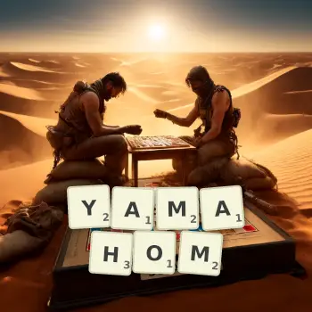 Kreatywna ilustracja do gry w Scrabble ze słowem YAMAHOM ułożonym z płytek na planszy.