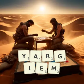 Kreatywna ilustracja do gry w Scrabble ze słowem YARGIEM ułożonym z płytek na planszy.