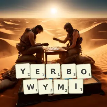 Kreatywna ilustracja do gry w Scrabble ze słowem YERBOWYMI ułożonym z płytek na planszy.