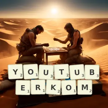 Kreatywna ilustracja do gry w Scrabble ze słowem YOUTUBERKOM ułożonym z płytek na planszy.