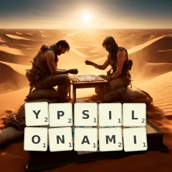 Kreatywna ilustracja do gry w Scrabble ze słowem YPSILONAMI ułożonym z płytek na planszy.